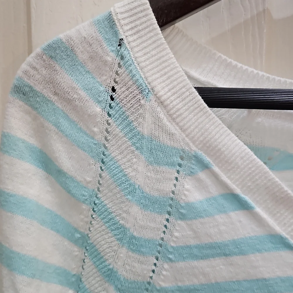 Talbots White Striped Vneck Pullover Sweater Petite Sz Lg